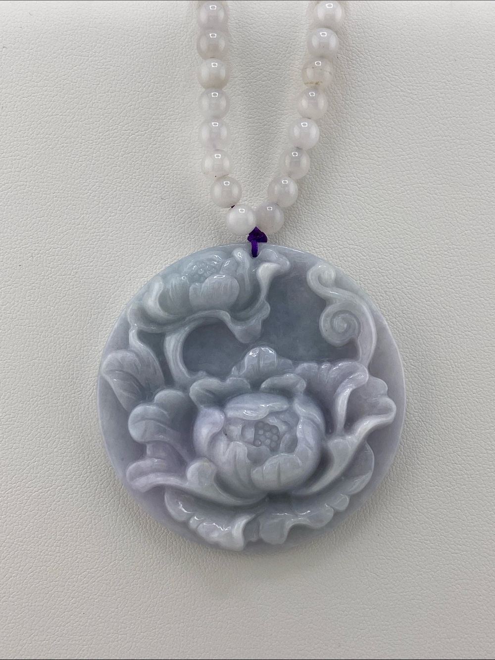 Large Carved Lavender Jade Peony Statement Necklace